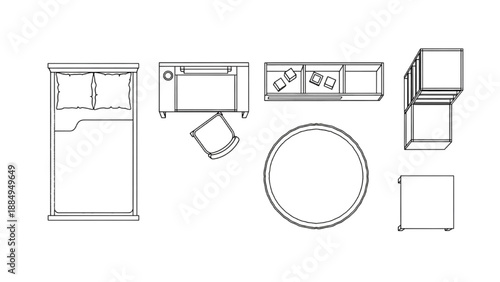 Top-down view of furniture layout in a bedroom and living room