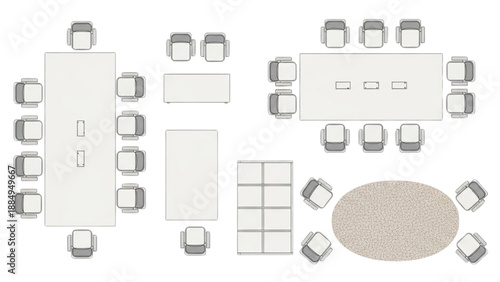 Overhead plan view of various modern office conference table and chair arrangements for efficient meeting room design layouts