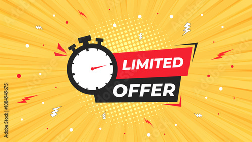 Limited Offer Banner Template on Pop Art Sunburst Background. Use for Sale Promotion Template