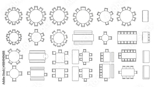 Comprehensive Collection of Diverse Top-View Table and Chair Layouts for Architectural Floor Plans and Interior Design Projects