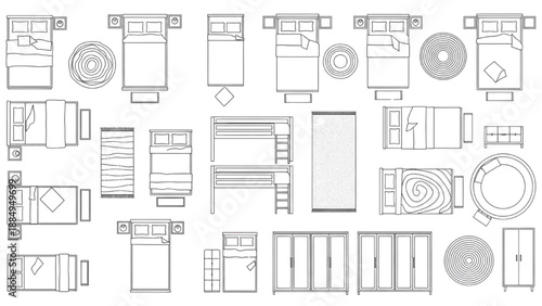Top-down view of various beds and bedroom furniture on a white background