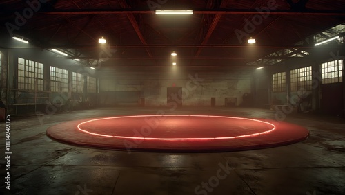 Glowing Red Ring Arena in Abandoned Warehouse – Futuristic Fight Stage