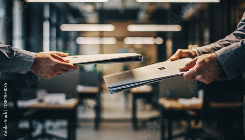 Close-up of two business professionals exchanging important documents and files in a modern office environment, symbolizing a transfer of information or responsibility.