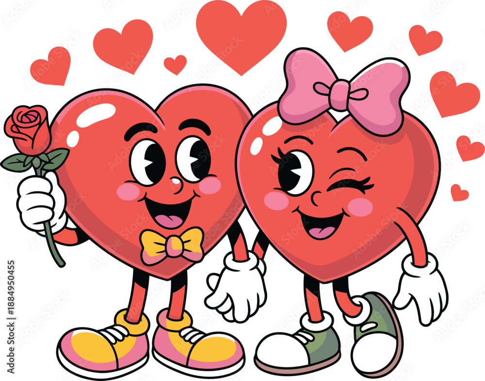 Fototapeta premium Cute heart couple, Valentine's Day characters, cartoon hearts, love icons, romantic symbols