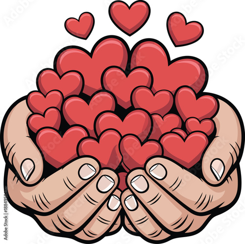 Loving hands carefully holding a generous abundance of vibrant red hearts vector illustration. isolated on transparent background