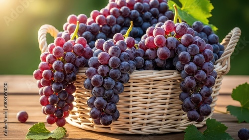 Wallpaper Mural Ripe purple grapes spill from a woven basket on a wooden table, with greenery backdrop Torontodigital.ca