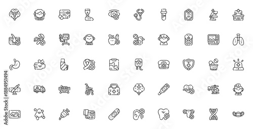 Medical Services icon set. Healthcare vector icons pack. Includes symbols for doctor, surgery, ambulance, hospital, prescription, vaccine, cardiology, dentistry and more. Editable stroke.