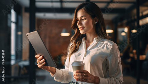 A focused young businesswoman in a white shirt reviewing content on a tablet while holding a coffee cup in a modern office.