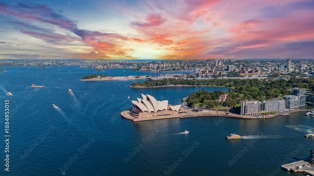Fototapeta premium 21 January 2026 Aerial Drone View of Sydney Harbour Circular Quay on a nice Summer day beautiful Sky in Sydney NSW Australia