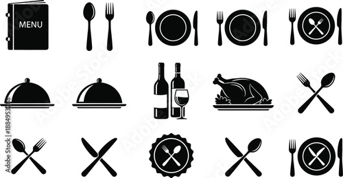 Restaurant dining icon set with menu book cutlery plate cloche wine bottle and roasted chicken for catering and cafe branding