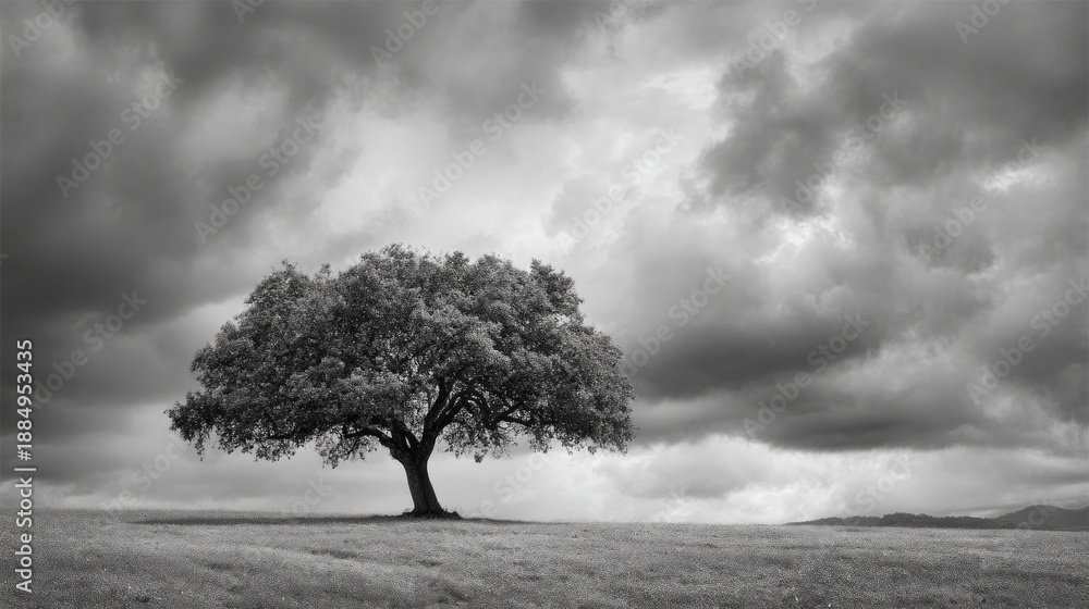 Obraz premium A Majestic Tree Stands Alone in an Open Field Under a Dramatic Cloudy Sky