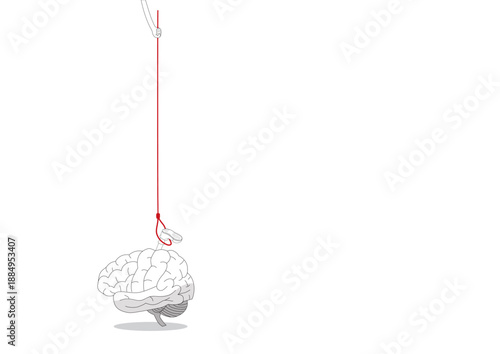 Vector illustration of a human brain with a leg sticking out or stuck on the brain and a red lasso rope with a helping hand trying to pull it out.