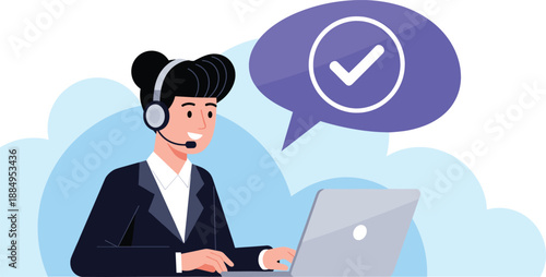 Professional female customer support agent using laptop with checkmark speech bubble for successful technical help and online consultant service