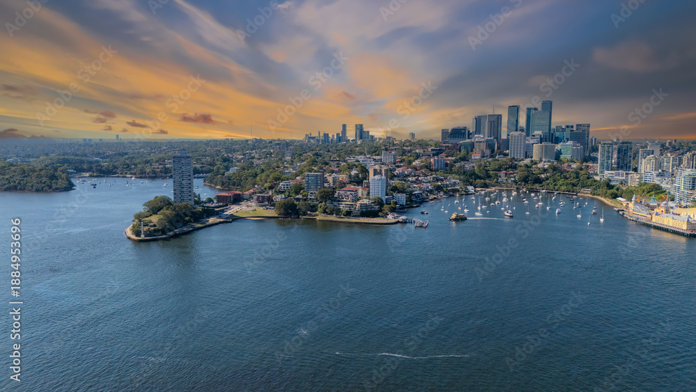 Fototapeta premium 21 January 2026 Aerial Drone View of Sydney Harbour Circular Quay on a nice Summer day beautiful Sky in Sydney NSW Australia