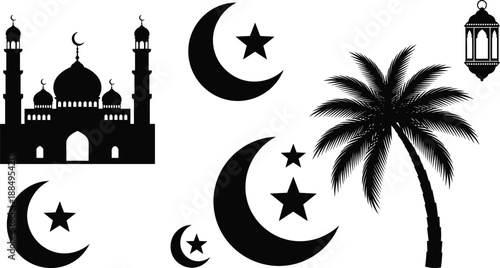 Islamic Ramadan Kareem silhouette set with mosque dome minaret crescent moon stars palm tree and lantern for Eid celebration designs