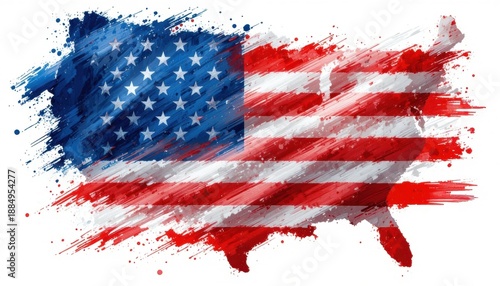 A colorful artistic representation of the United States, blending the American flag with a map outline, symbolizing patriotism and national identity.
