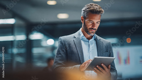 Male COO reviewing documents and KPI charts