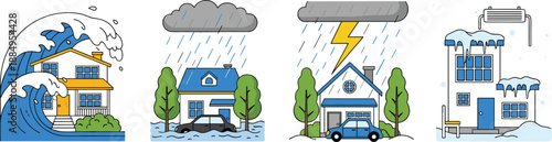Set of flat line icons showing natural disasters including tsunami flood lightning strike and heavy snow damage to houses