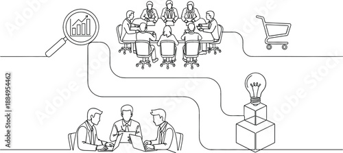 Continuous one line drawing of business team meeting strategy process with data analysis idea and commerce icons