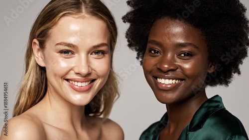 Two diverse women with glowing skin smile, one with blonde hair, the other with curly black hair