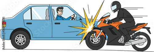 Vector illustration of a traffic accident featuring a blue sedan car colliding with a sport motorcycle on road