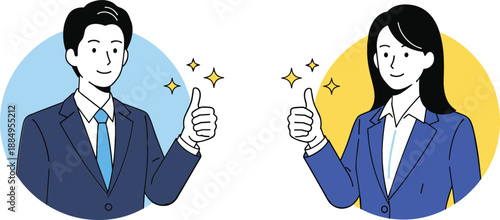 Vector set of business professional portraits featuring a man and woman giving thumbs up with success star accents