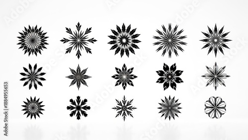 Wallpaper Mural Abstract black and white star-like symmetrical shapes in multiple designs, against a light background Torontodigital.ca