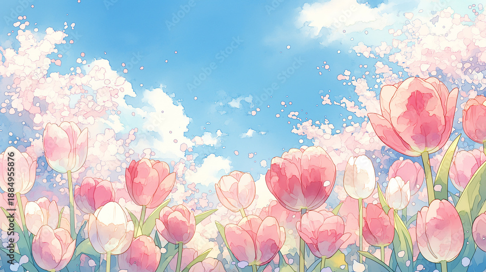 Obraz premium 澄んだ空と咲き誇るチューリップ、舞い落ちる桜が春らしさを演出する水彩風の風景イラスト。Vlogやバナー素材としても活用できる1枚