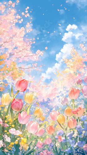 春の自然をテーマにした桜とチューリップの花畑、水彩タッチの明るくやさしい風景。青空と雲が広がる印象的な背景素材に最適