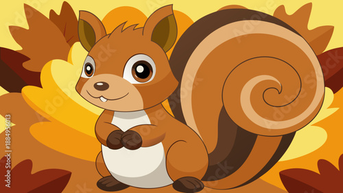 Bouncy Cartoon Squirrel Gathering Acorns on Autumn Leaf Bed - AI-generated illustration