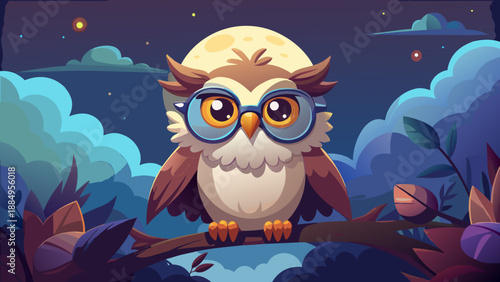 Cute Cartoon Owl with Plush Feathers and Oversized Glasses on Moonlit Branch - AI-generated illustration