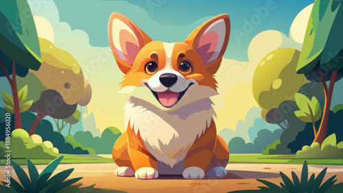 Fluffy Cartoon Corgi Dog Sitting with Tongue Out in Sunny Park - AI-generated illustration