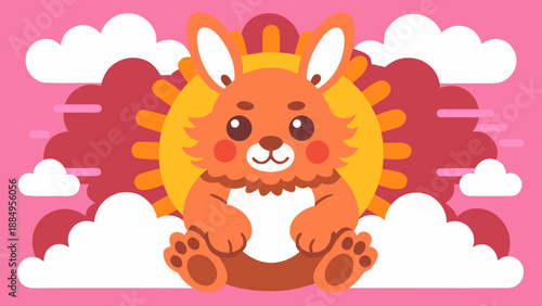 Adorable Fuzzy Cartoon Bunny on Pastel Pink Clouds with Warm Glow - AI-generated illustration