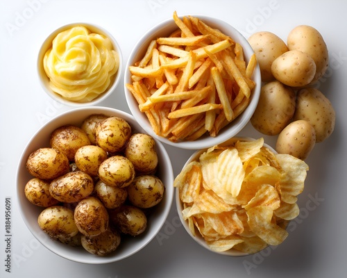A delicious variety of potato dishes including mashed potatoes, fries, roasted potatoes and chips in bowls are presented on a white surface.
