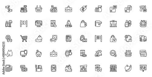 Retail icon set. Vector line icons pack for shopping, e-commerce, and store. Includes shopping cart, barcode, price tag, QR code, groceries, online shop, payment, and more.