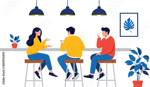 Flat vector illustration of young people socializing and using smartphones at a modern cafe or bar counter