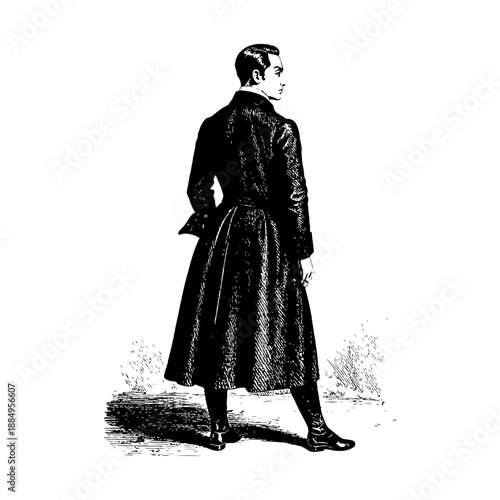 Victorian Gentleman Turned Back View in Long Coat, Engraving