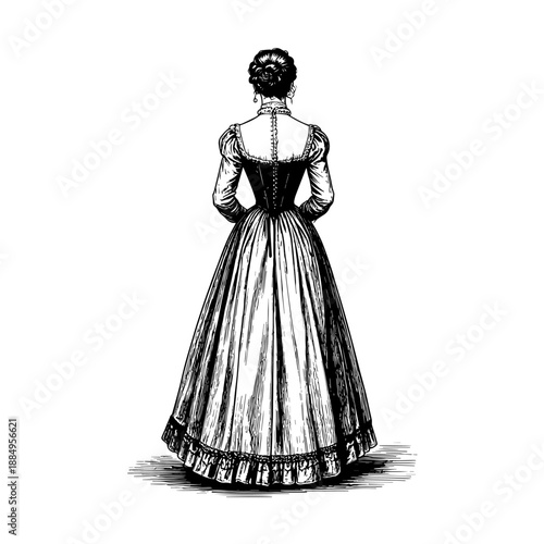 Victorian Lady Back View Simple Long Dress, Engraving