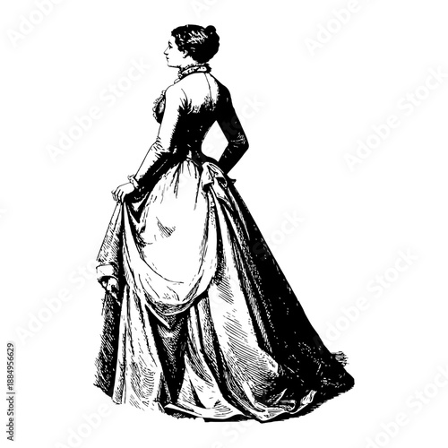 Victorian Lady Back View Holding Skirt with Long Dress, Engraving