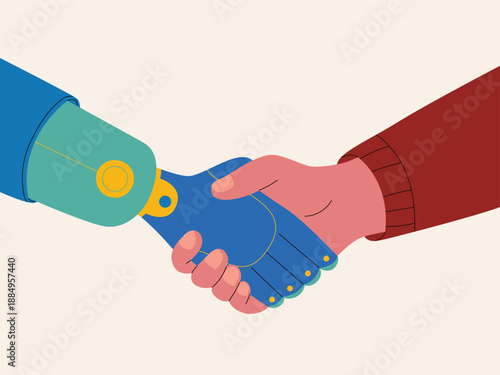 A handshake between a mechanical robotic hand and a human hand. Minimalist illustration symbolizing integration of artificial intelligence and humans