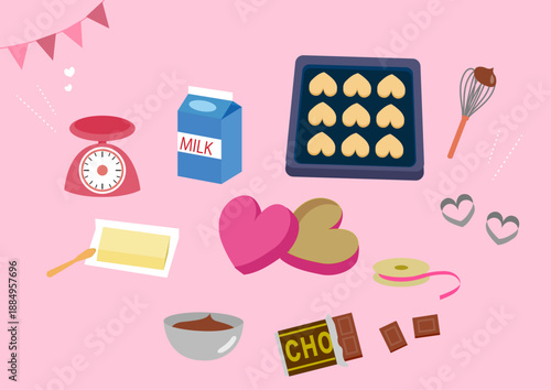 valentaine バレンタインのクッキー作り イラスト素材セット ピンク背景