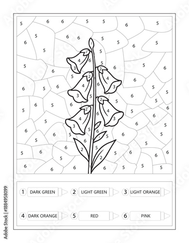 Foxglove Flower Color by Number Educational Worksheet for Kids