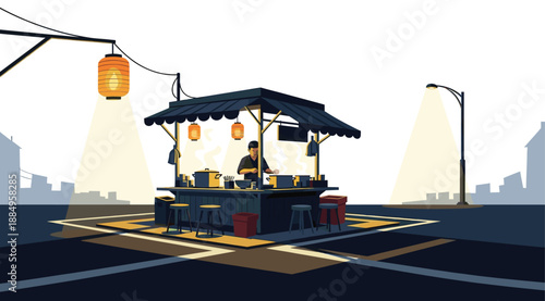 Asian Food Stall Vendor Prepares Meals at Night