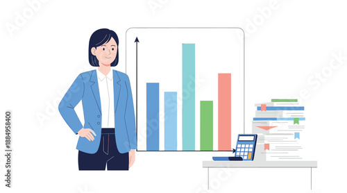 Businesswoman analyzing growth chart with calculator and documents