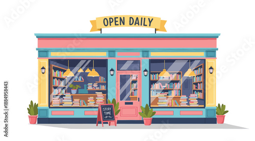 Charming Bookstore with Open Daily Sign and Story Time Board