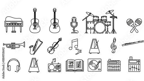 Music Instruments and Symbols Illustration Set.