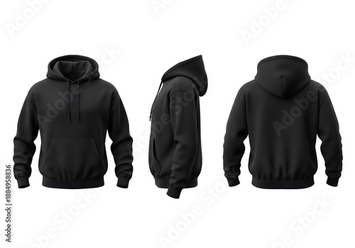 Blank Black Hoodie Template, Front Side and Back View, Long Sleeve Hoodie Sweatshirt Mockup Isolated on White Background