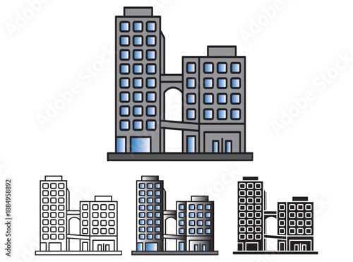 Various illustrations of a modern building complex with a connecting skybridge