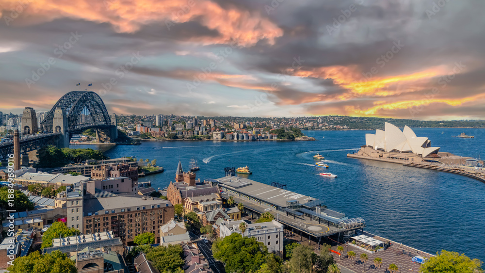 Fototapeta premium 21 January 2026 Aerial Drone View of Sydney Harbour Circular Quay on a nice Summer day beautiful Sky in Sydney NSW Australia