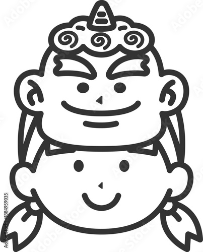 青鬼のお面をつけた、女の子のアイコン（線画）のイラスト